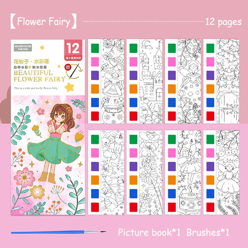 Aquarell-Malbuch für Kinder – 12 Blatt mit Pinsel