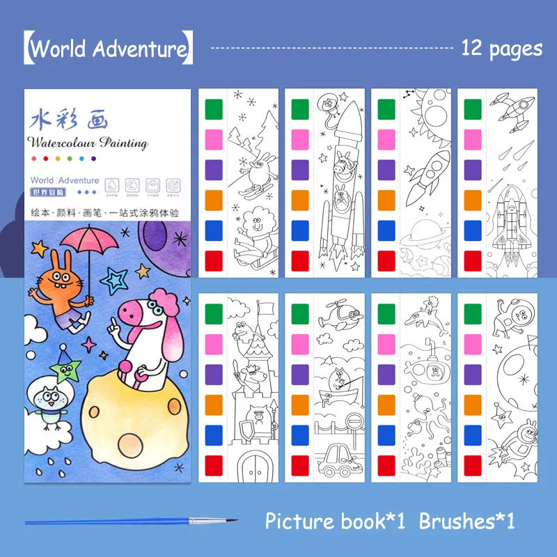 Aquarell-Malbuch für Kinder – 12 Blatt mit Pinsel