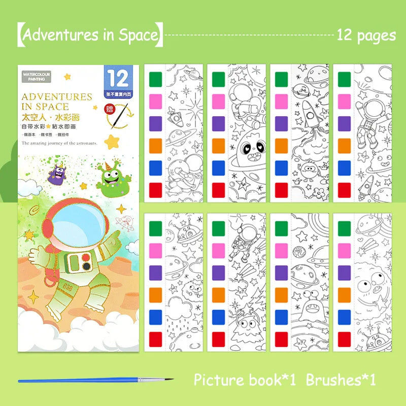 Aquarell-Malbuch für Kinder – 12 Blatt mit Pinsel