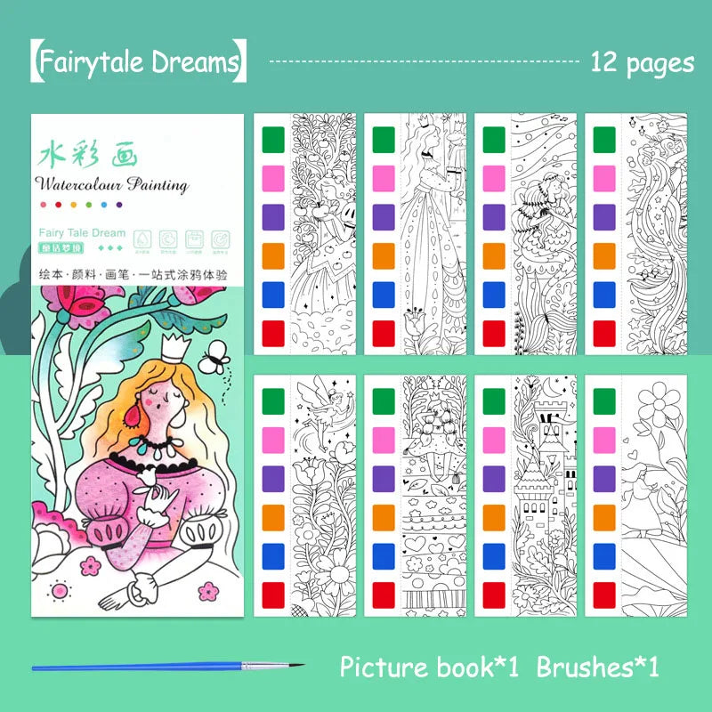 Aquarell-Malbuch für Kinder – 12 Blatt mit Pinsel
