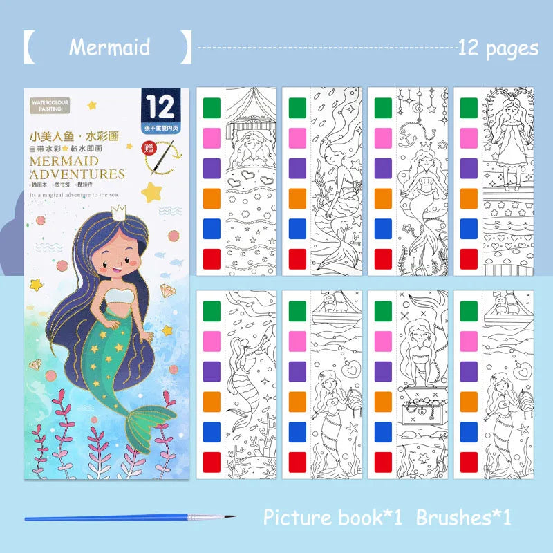 Aquarell-Malbuch für Kinder – 12 Blatt mit Pinsel