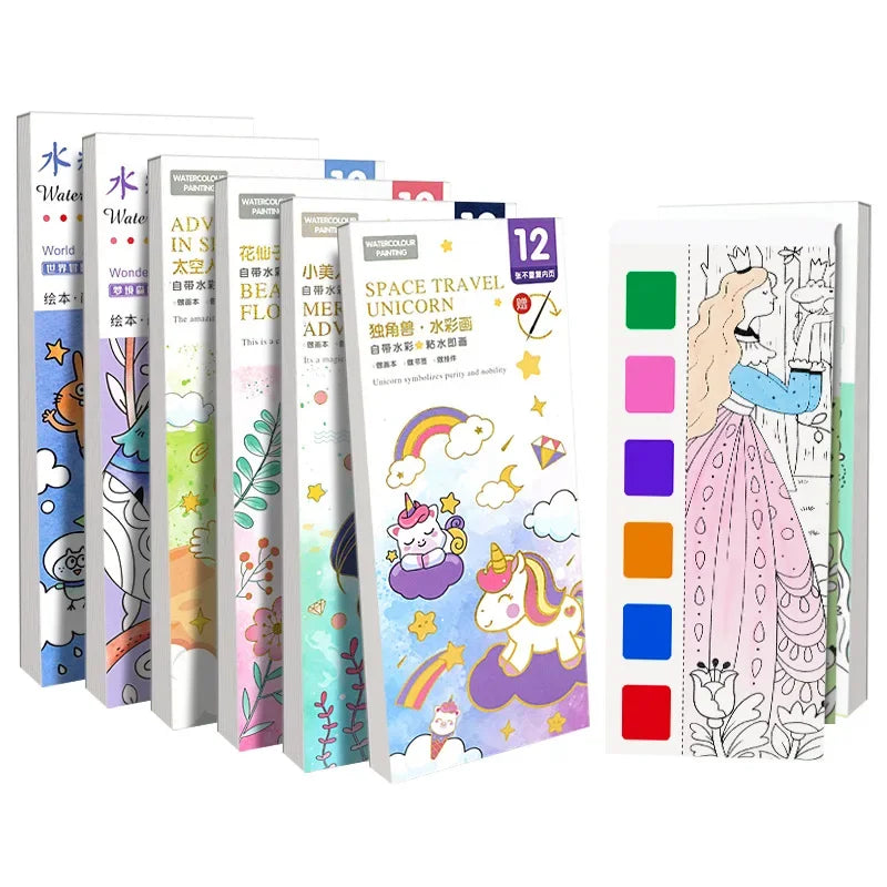 Aquarell-Malbuch für Kinder – 12 Blatt mit Pinsel