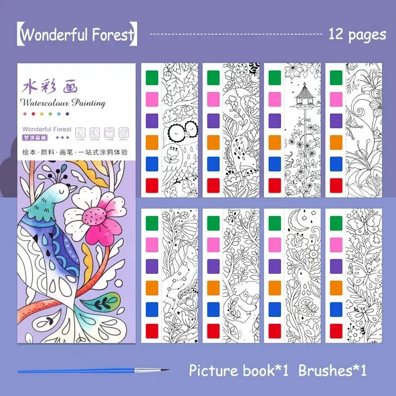 Aquarell-Malbuch für Kinder – 12 Blatt mit Pinsel
